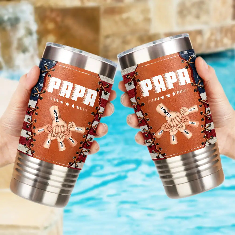 Gift For Father,Gift For Grandpa,Independence Day,Happy,Icon,Confident - America Stars And Stripes Sewn Effect Dad Grandpa Hand Punch - Personalized Leather Tumbler