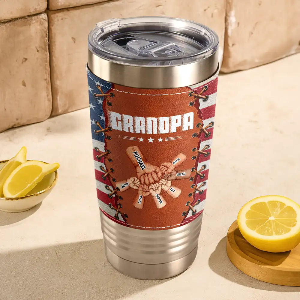 Gift For Father,Gift For Grandpa,Independence Day,Happy,Icon,Confident - America Stars And Stripes Sewn Effect Dad Grandpa Hand Punch - Personalized Leather Tumbler