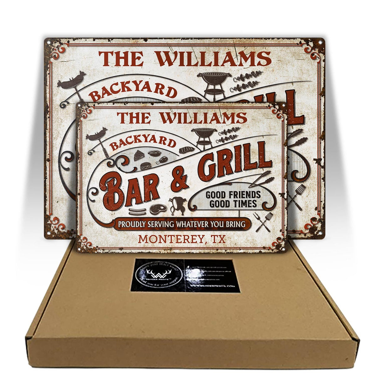 Grillades personnalisées, fièrement au service de vos invités, apportez des panneaux métalliques classiques personnalisés