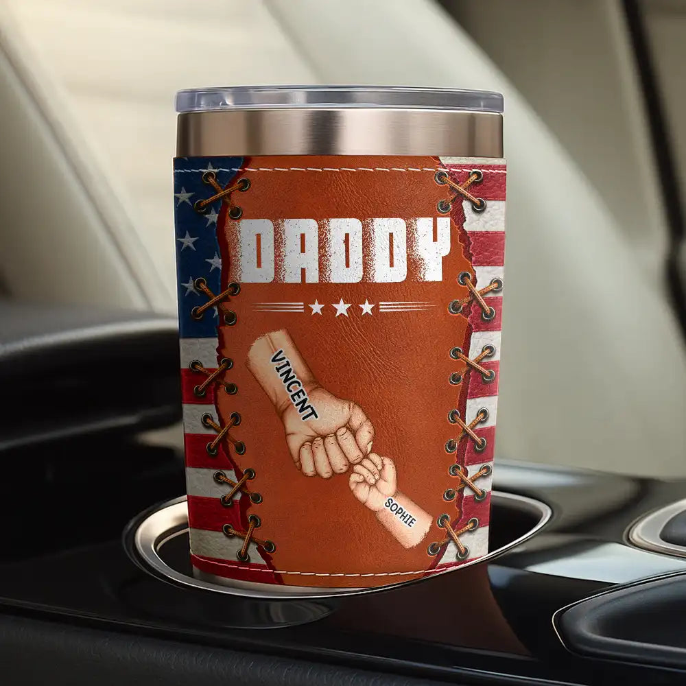 Gift For Father,Gift For Grandpa,Independence Day,Happy,Icon,Confident - America Stars And Stripes Sewn Effect Dad Grandpa Hand Punch - Personalized Leather Tumbler