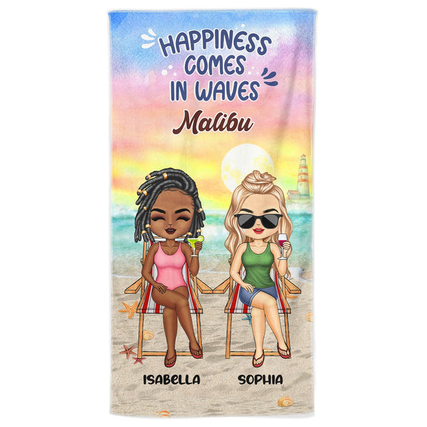 Le bonheur arrive par vagues - Cadeau pour meilleure amie - Serviette de plage personnalisée