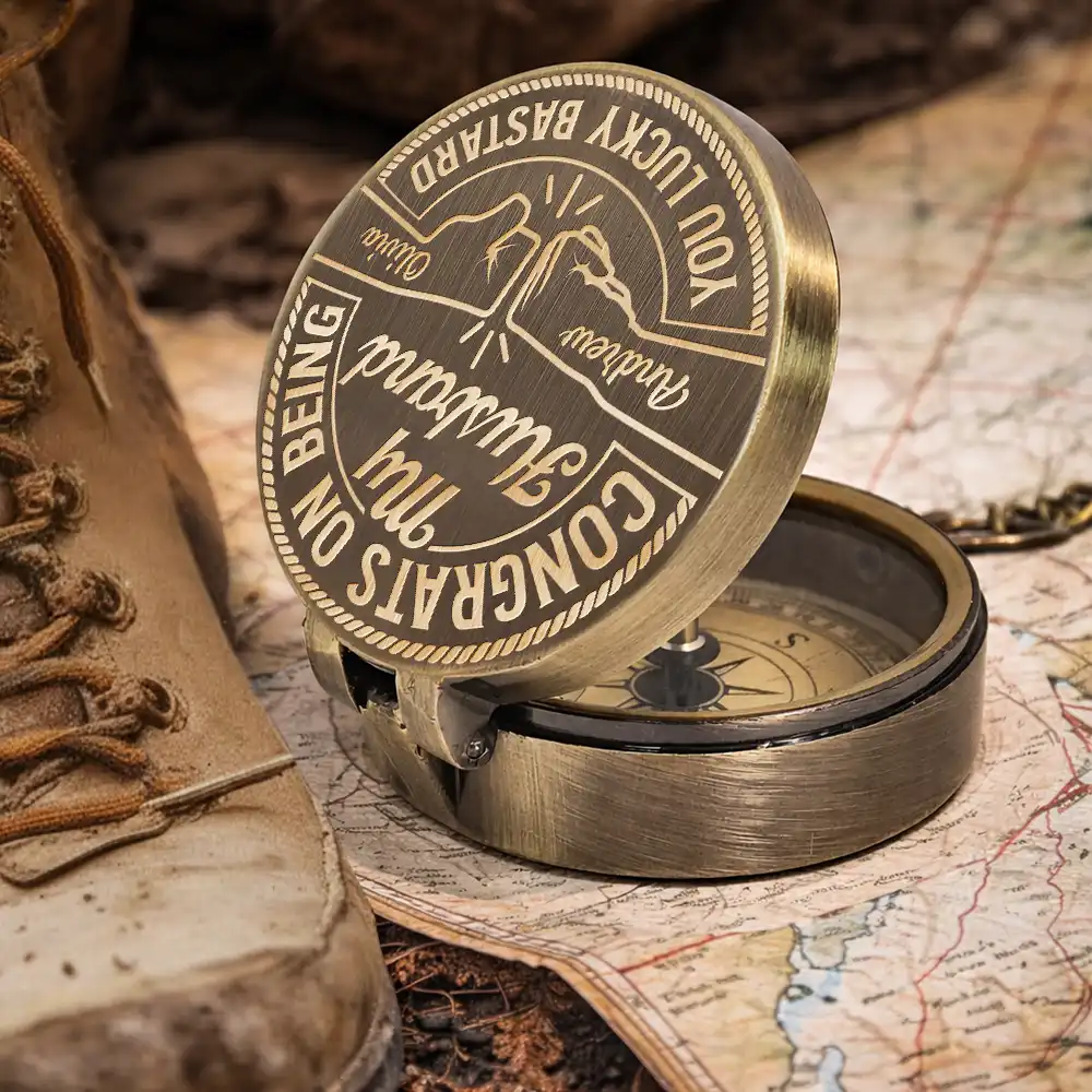 Gift For Husband,Gift For Boyfriend,Gift For Men,Gift For Grandpa,Gift For Father,Gift For Son,Gift For Brothers,Happy,Grateful - Congrats On Being My Dad Grandpa Husband You Lucky Man - Personalized Engraved Brass Compass
