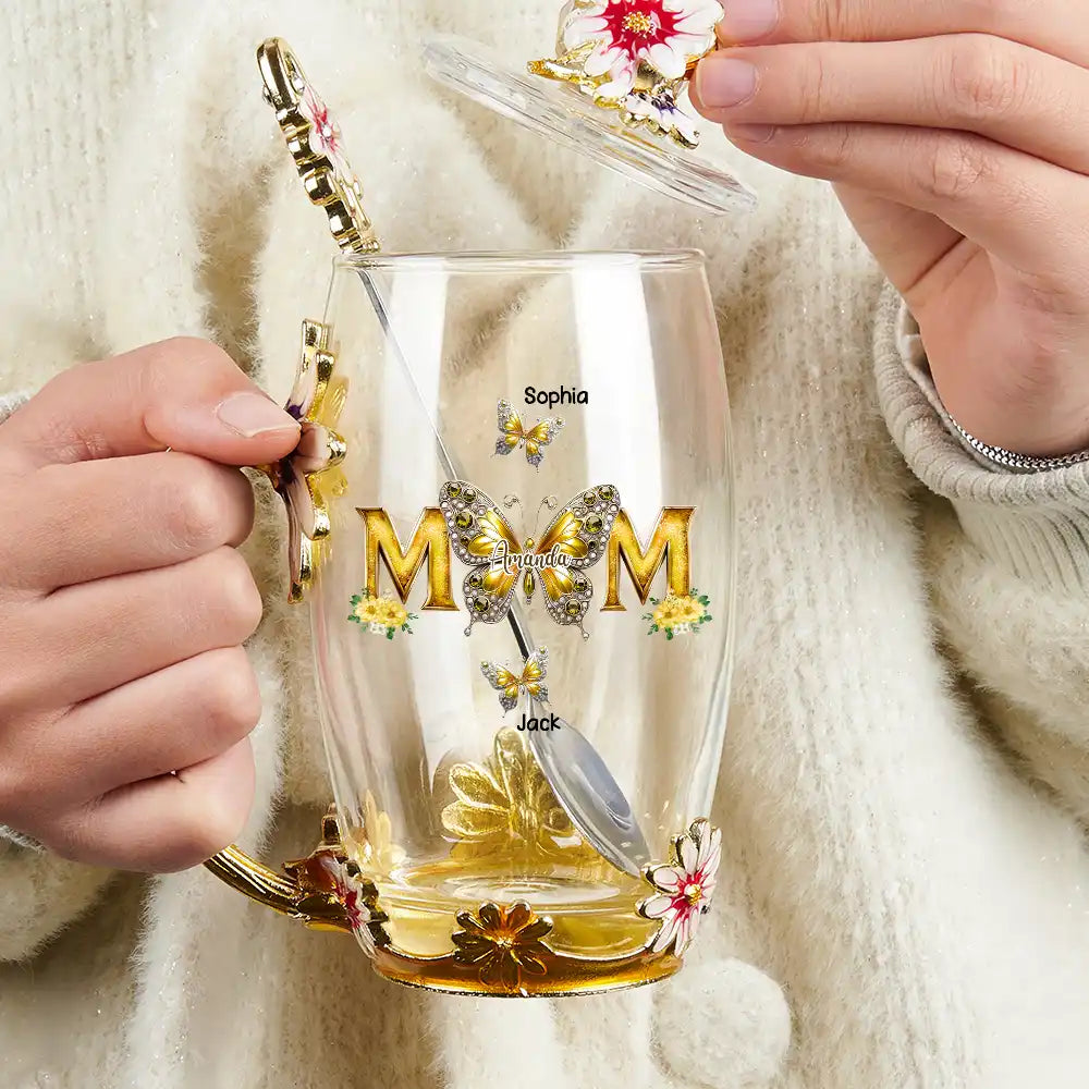 Gift For Mother, Love, Mom - Children - Mom And Children Butterflies - Personalized Glass Flower Tea Cup