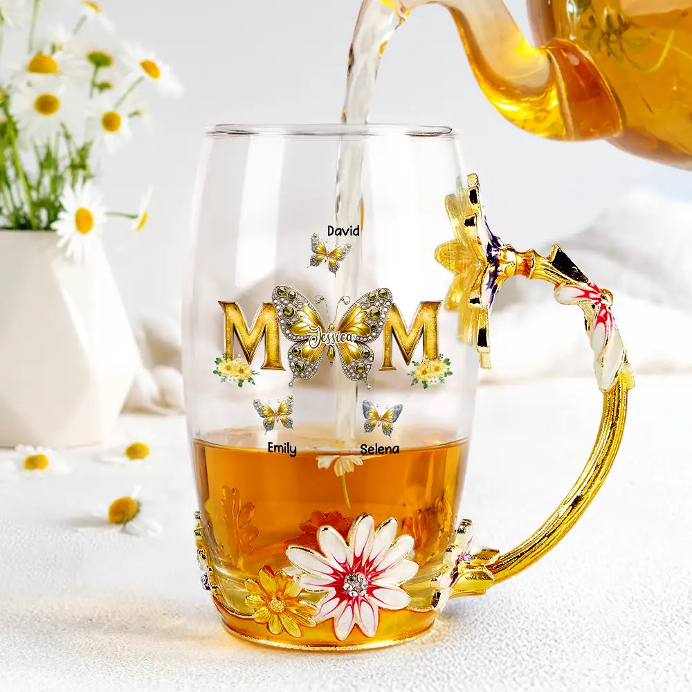 Gift For Mother, Love, Mom - Children - Mom And Children Butterflies - Personalized Glass Flower Tea Cup