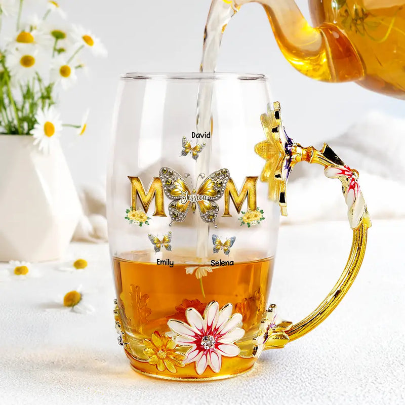 Gift For Mother, Love, Mom - Children - Mom And Children Butterflies - Personalized Glass Flower Tea Cup