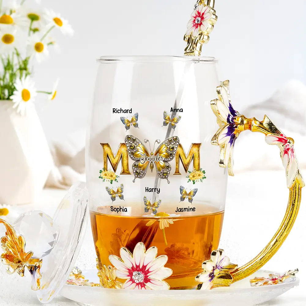 Gift For Mother, Love, Mom - Children - Mom And Children Butterflies - Personalized Glass Flower Tea Cup
