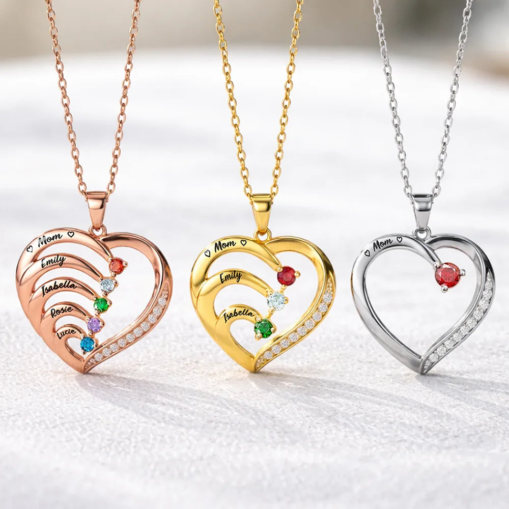 Gift For Mother,Love,Mom - Daughters (Adult),Happy,Gift For Daughter - Mom Daughters Custom Name Gemstones Jewelry - Personalized Birthstone Heart Necklace