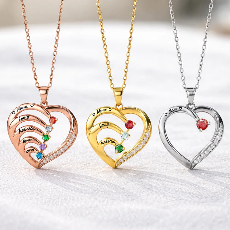 Gift For Mother,Love,Mom - Daughters (Adult),Happy,Gift For Daughter - Mom Daughters Custom Name Gemstones Jewelry - Personalized Birthstone Heart Necklace