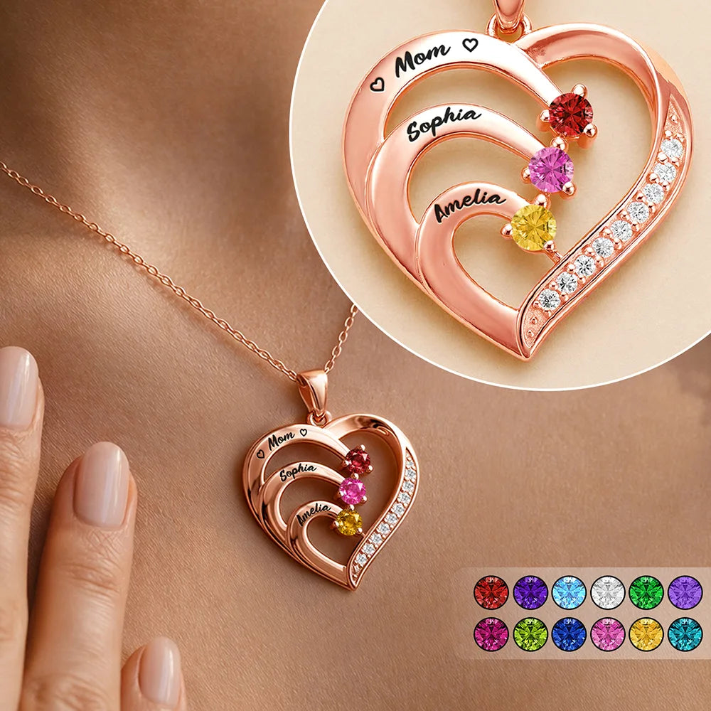 Gift For Mother,Love,Mom - Daughters (Adult),Happy,Gift For Daughter - Mom Daughters Custom Name Gemstones Jewelry - Personalized Birthstone Heart Necklace