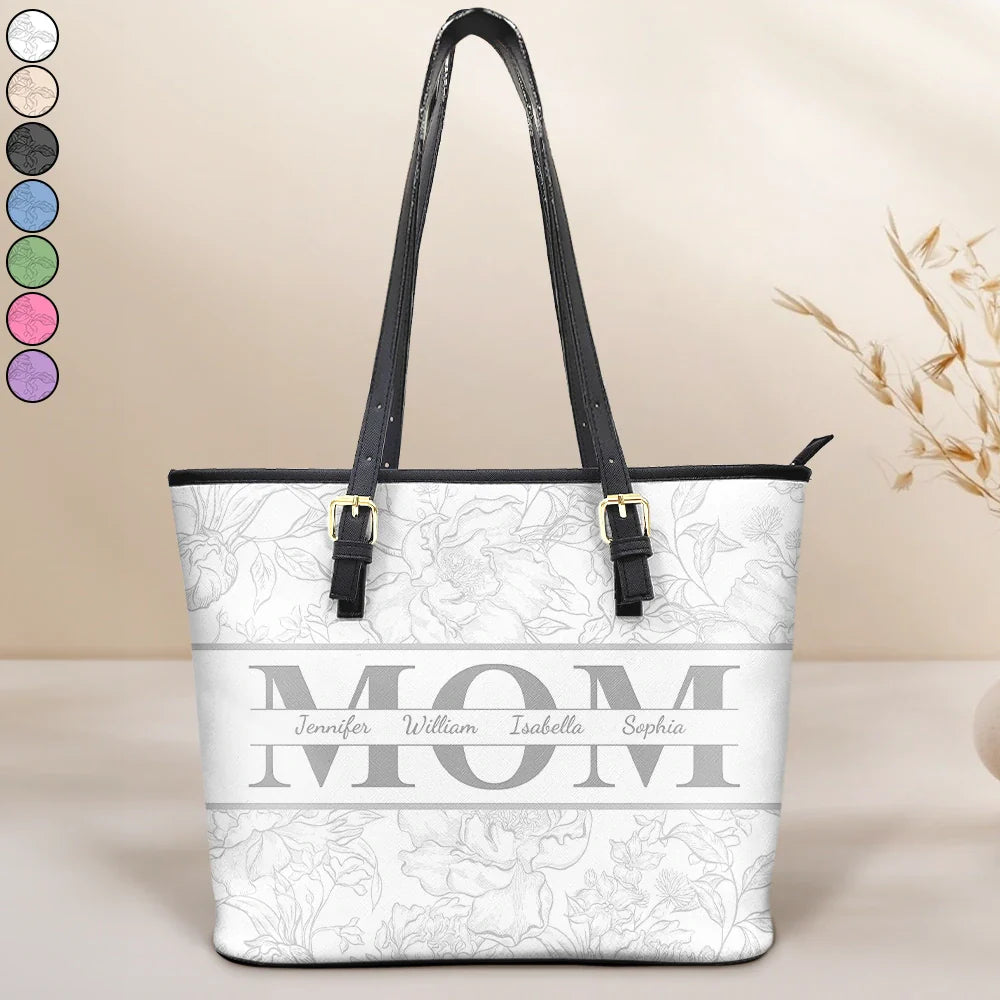 Gift For Mother,Mom,Children - Mom Floral Design Trendy Bag - Personalized Leather Tote Bag
