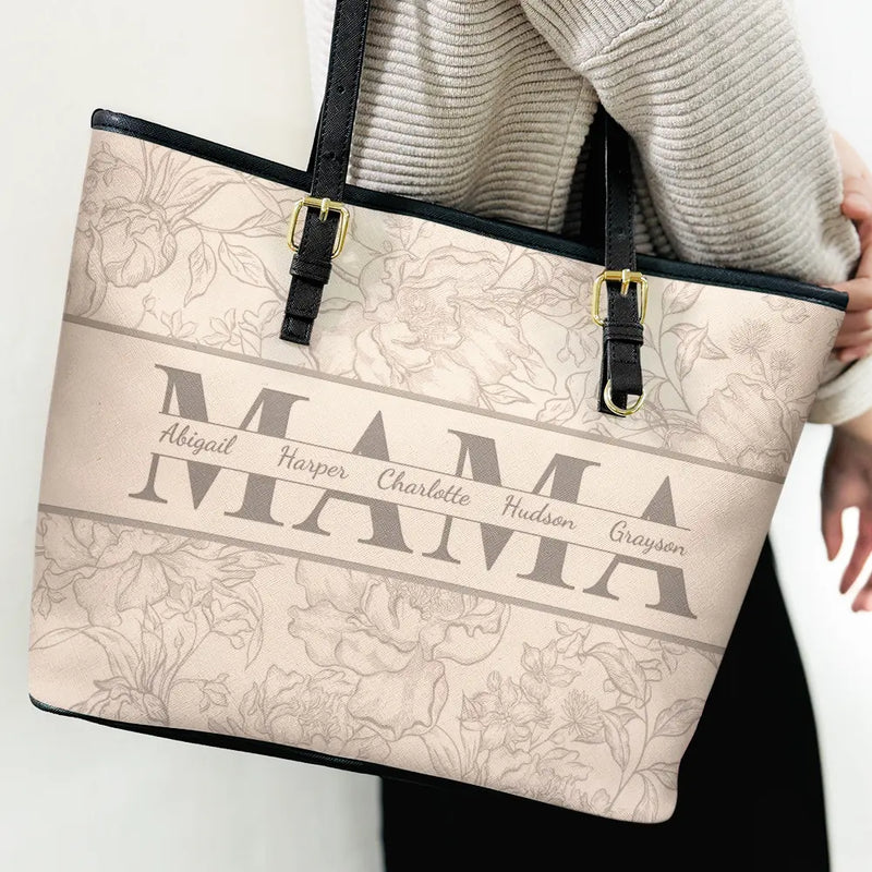 Gift For Mother,Mom,Children - Mom Floral Design Trendy Bag - Personalized Leather Tote Bag
