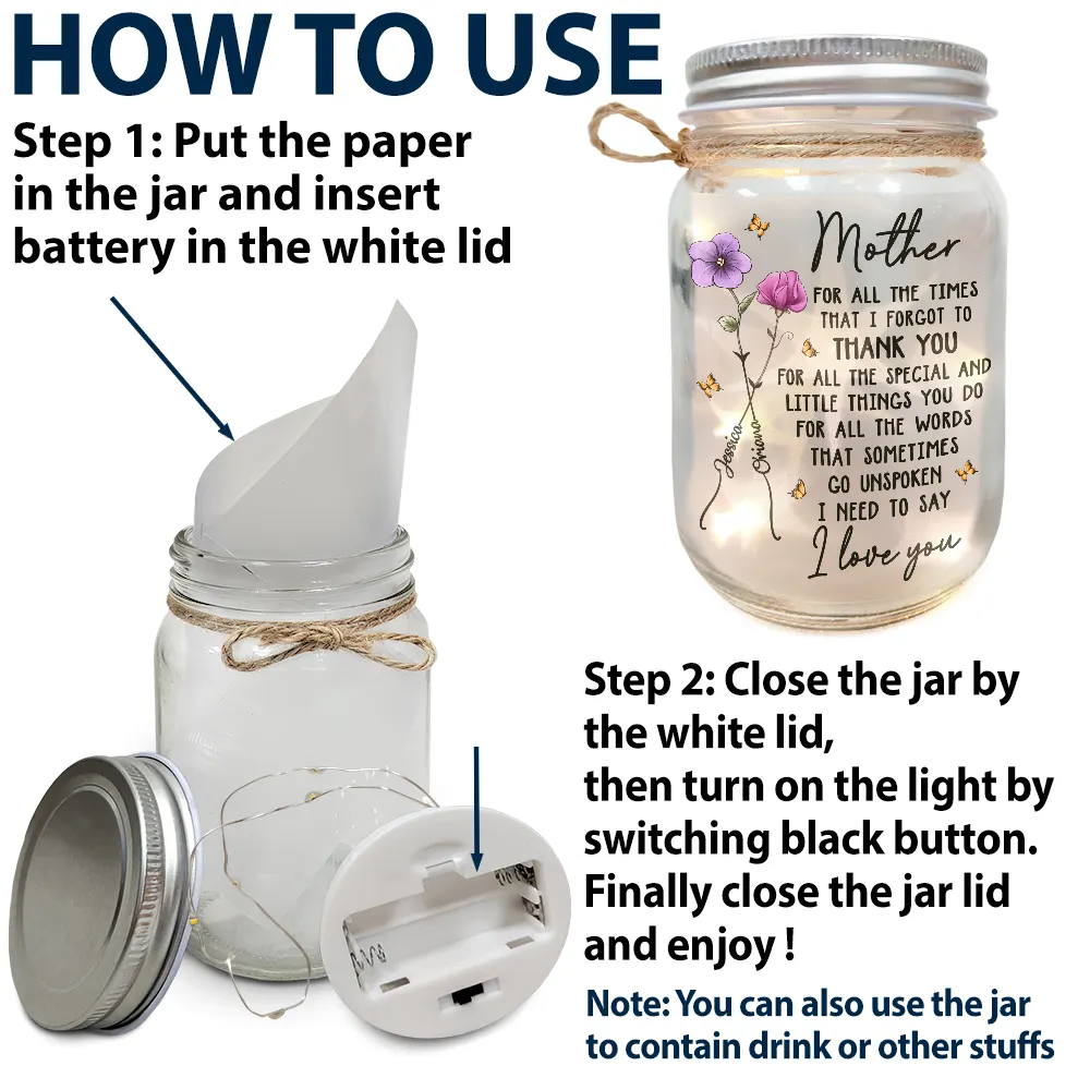 Gift For Grandma,Love,Gift For Mother - Mom For All The Times That I Forgot To Thank You - Personalized Mason Jar Light