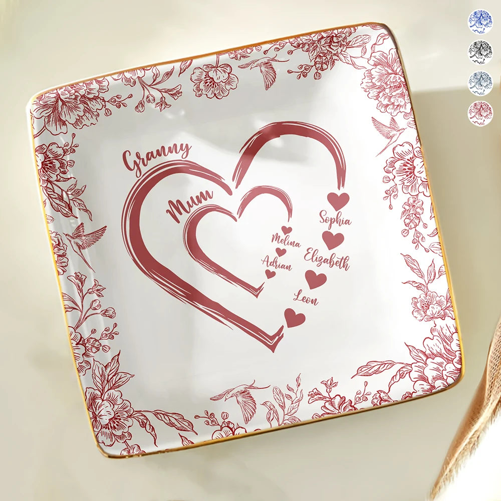 Gift For Grandma, Gift For Mother, Grandma - Grandkids, Happy - Mom Grandma Heart We Love You Toile De Jouy Pattern - Personalized Ring Dish