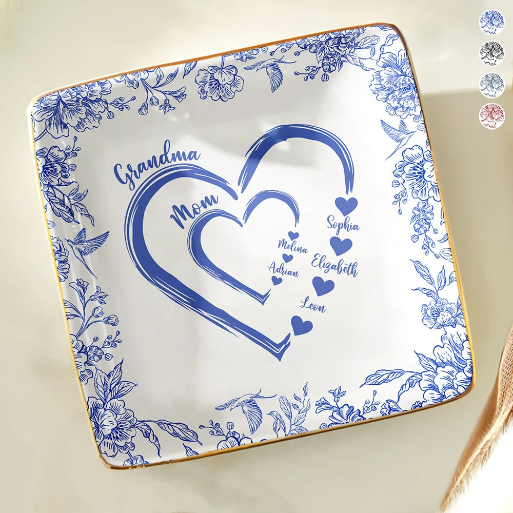 Gift For Grandma, Gift For Mother, Grandma - Grandkids, Happy - Mom Grandma Heart We Love You Toile De Jouy Pattern - Personalized Ring Dish