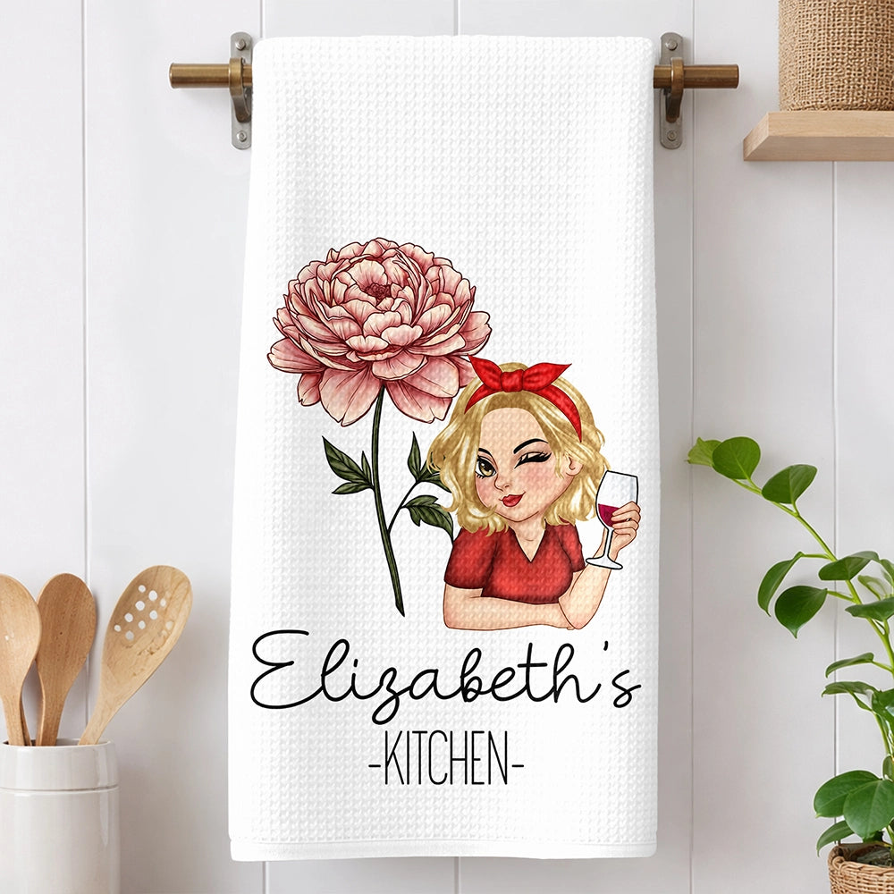 Gift For Wife,Gift For Yourself,Gift For Women,Gift For Mother,Gift For Aunt,Gift For Grandma,Happy,Cooking,Baking  - Mom Grandma Kitchen Birth Flower - Personalized Kitchen Towel
