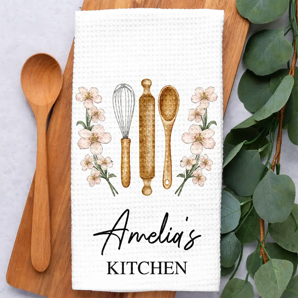 Cooking, Gift For Yourself, Gift For Women, Top Market, Cozy, Icon - Mom Grandma Kitchen Birth Flower - Personalized Kitchen Towel
