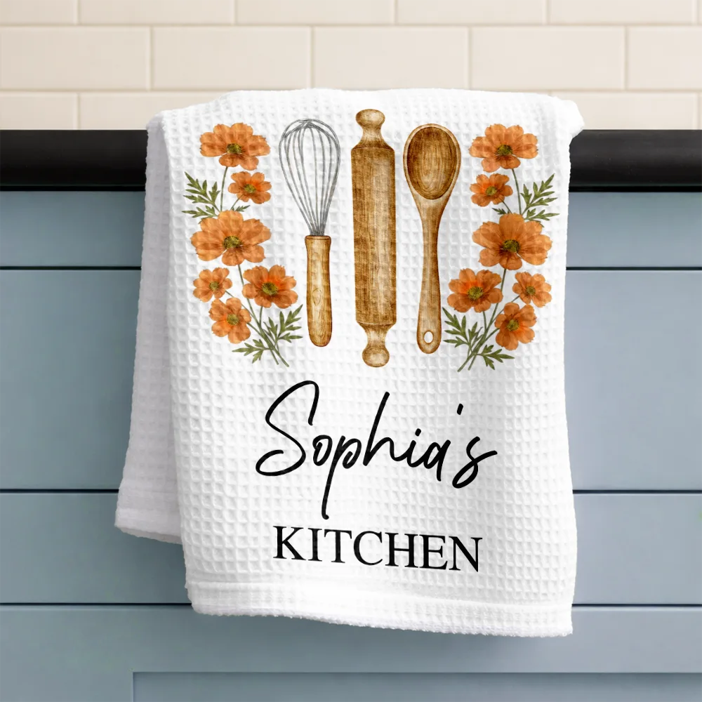 Cooking, Gift For Yourself, Gift For Women, Top Market, Cozy, Icon - Mom Grandma Kitchen Birth Flower - Personalized Kitchen Towel