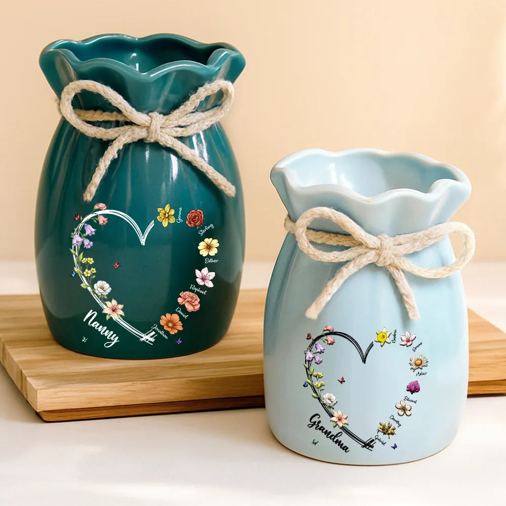 Gift For Mother,Gift For Grandma,Gift For Women,Happy,Top Market,Top Market,Vector - Mom Grandma Sweetheart Birth Month Flower - Personalized Ribbon Tie Flower Vase