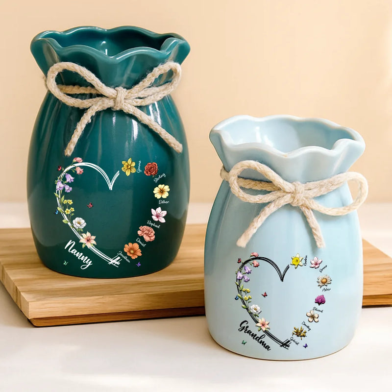 Gift For Mother,Gift For Grandma,Gift For Women,Happy,Top Market,Top Market,Vector - Mom Grandma Sweetheart Birth Month Flower - Personalized Ribbon Tie Flower Vase