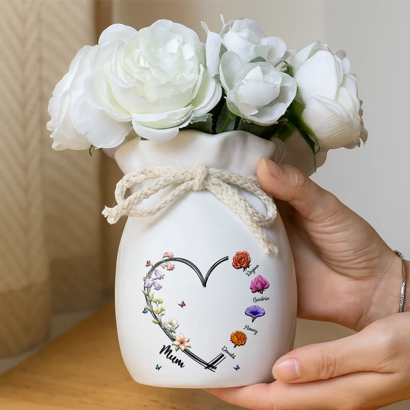 Gift For Mother,Gift For Grandma,Gift For Women,Happy,Top Market,Top Market,Vector - Mom Grandma Sweetheart Birth Month Flower - Personalized Ribbon Tie Flower Vase