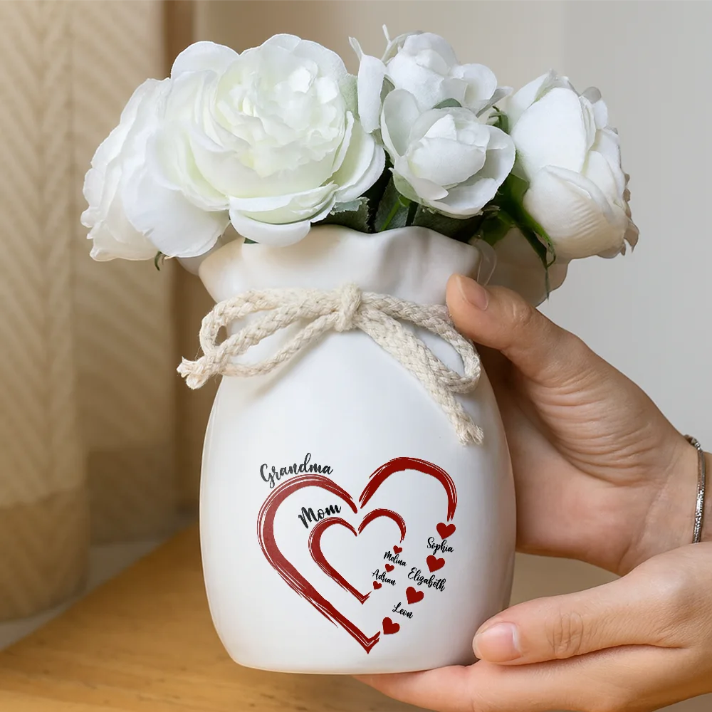 Gift For Mother,Gift For Grandma,Love - Mom Grandma Sweethearts - Personalized Ribbon Tie Flower Vase