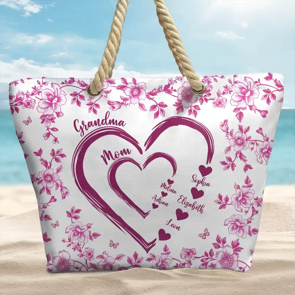 Gift For Wife,Gift For Mother,Gift For Grandma,Love,Family,Non-Eng,Icon - Mom Grandma Sweethearts Toile - Personalized Beach Bag