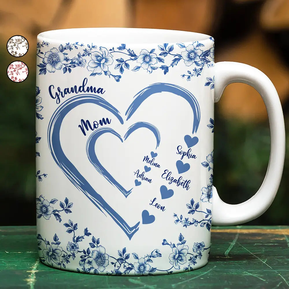 Mom Grandma Sweethearts Toile - Personalized White Edge-to-Edge Mug