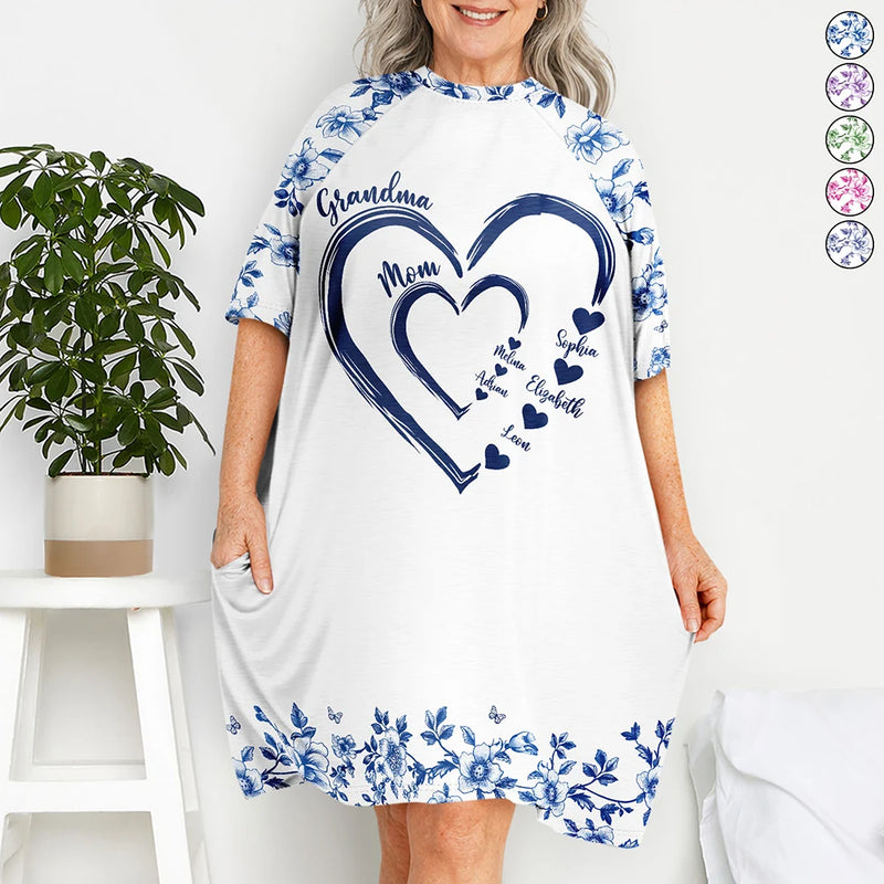 Gift For Wife,Gift For Mother,Gift For Grandma,Love,Family,Non-Eng,Icon - Mom Grandma Sweethearts Toile - Personalized Women's Sleep Tee