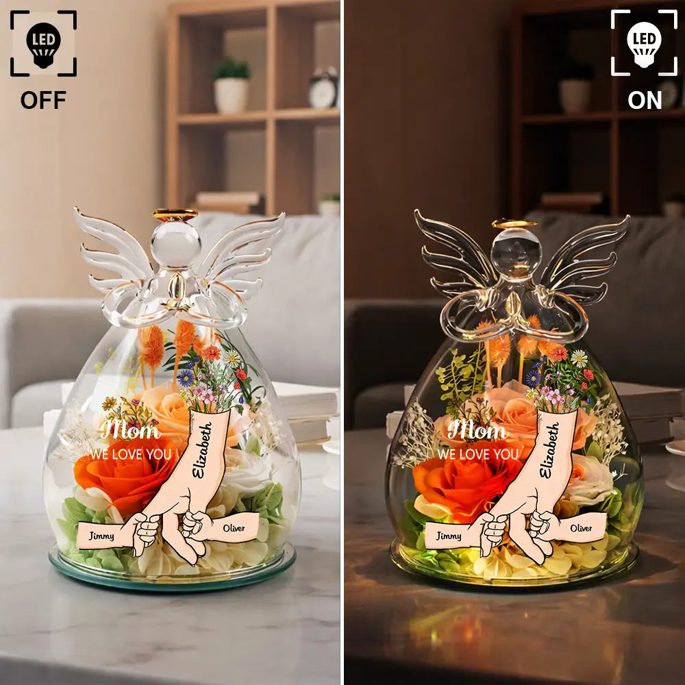 Gift For Grandma,Grandma - Grandkids,Happy - Mom Grandma We Love You - Personalized Flower In Glass Angel Figurine