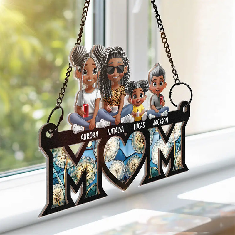 Gift For Mother,Gift For Grandma - Mom Nana Sitting With Children - Personalized Window Hanging Suncatcher Ornament
