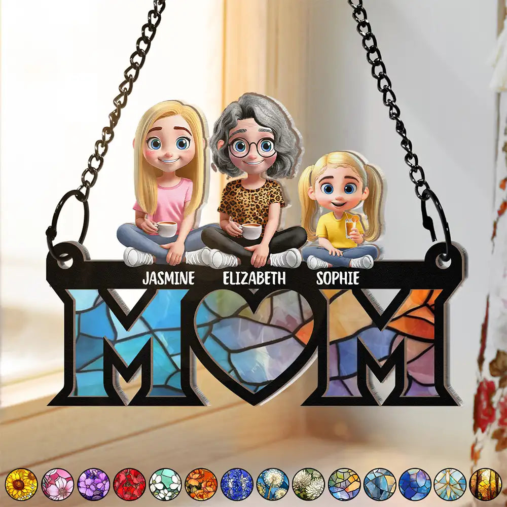 Gift For Mother,Gift For Grandma - Mom Nana Sitting With Children - Personalized Window Hanging Suncatcher Ornament
