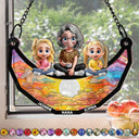Gift For Mother, Gift For Grandma, Grandma - Grandkids, Mom - Children, Happy - Mom Nana Sitting With Children On The Moon - Personalized Window Hanging Suncatcher Ornament