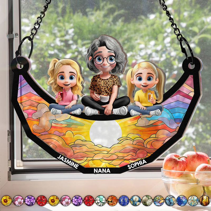 Gift For Mother, Gift For Grandma, Grandma - Grandkids, Mom - Children, Happy - Mom Nana Sitting With Children On The Moon - Personalized Window Hanging Suncatcher Ornament