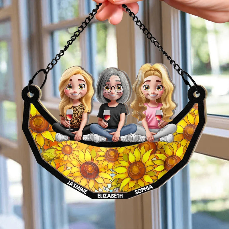 Gift For Mother, Gift For Grandma, Grandma - Grandkids, Mom - Children, Happy - Mom Nana Sitting With Children On The Moon - Personalized Window Hanging Suncatcher Ornament