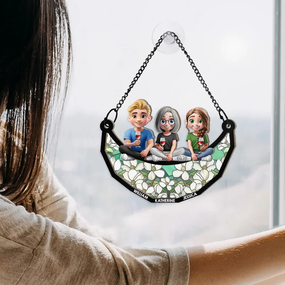 Gift For Mother, Gift For Grandma, Grandma - Grandkids, Mom - Children, Happy - Mom Nana Sitting With Children On The Moon - Personalized Window Hanging Suncatcher Ornament
