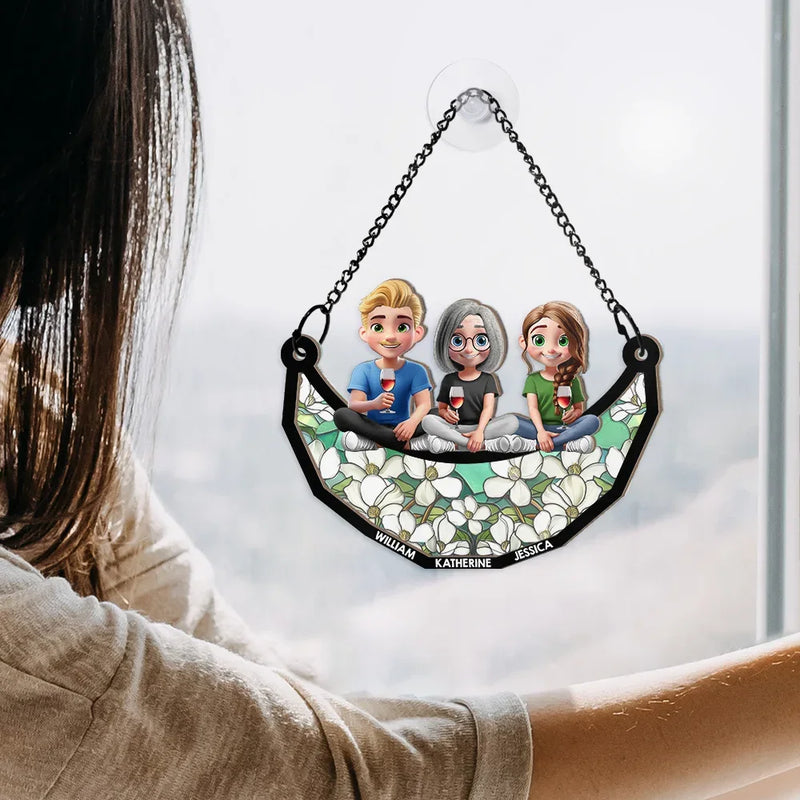 Gift For Mother, Gift For Grandma, Grandma - Grandkids, Mom - Children, Happy - Mom Nana Sitting With Children On The Moon - Personalized Window Hanging Suncatcher Ornament