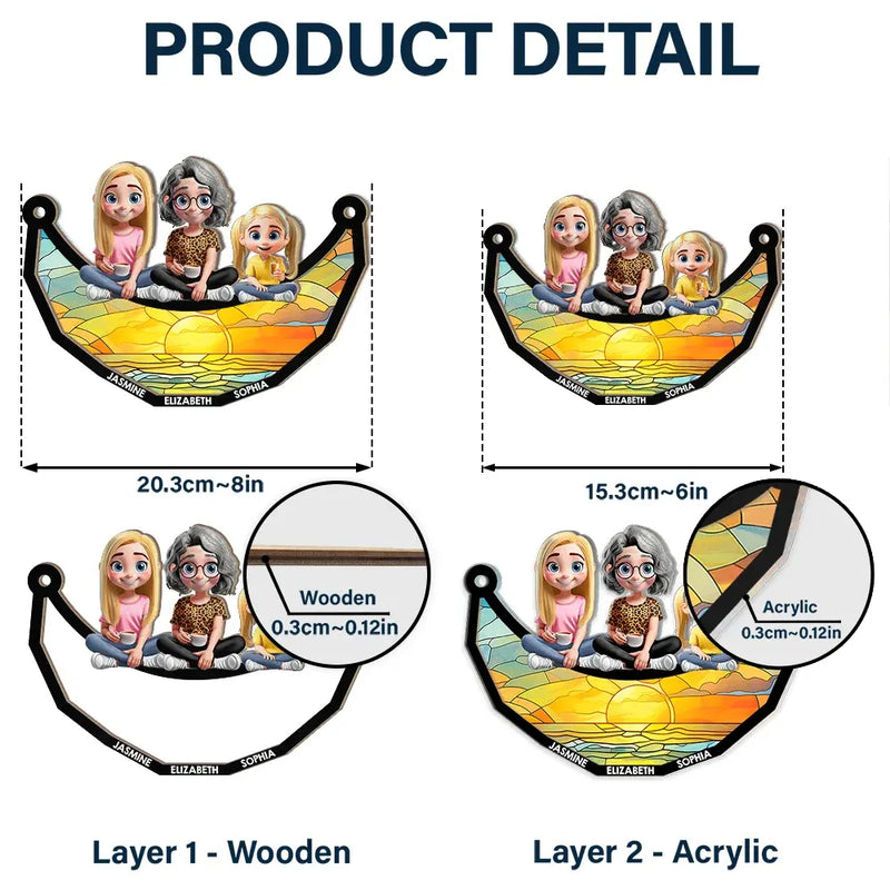 Gift For Mother, Gift For Grandma, Grandma - Grandkids, Mom - Children, Happy - Mom Nana Sitting With Children On The Moon - Personalized Window Hanging Suncatcher Ornament