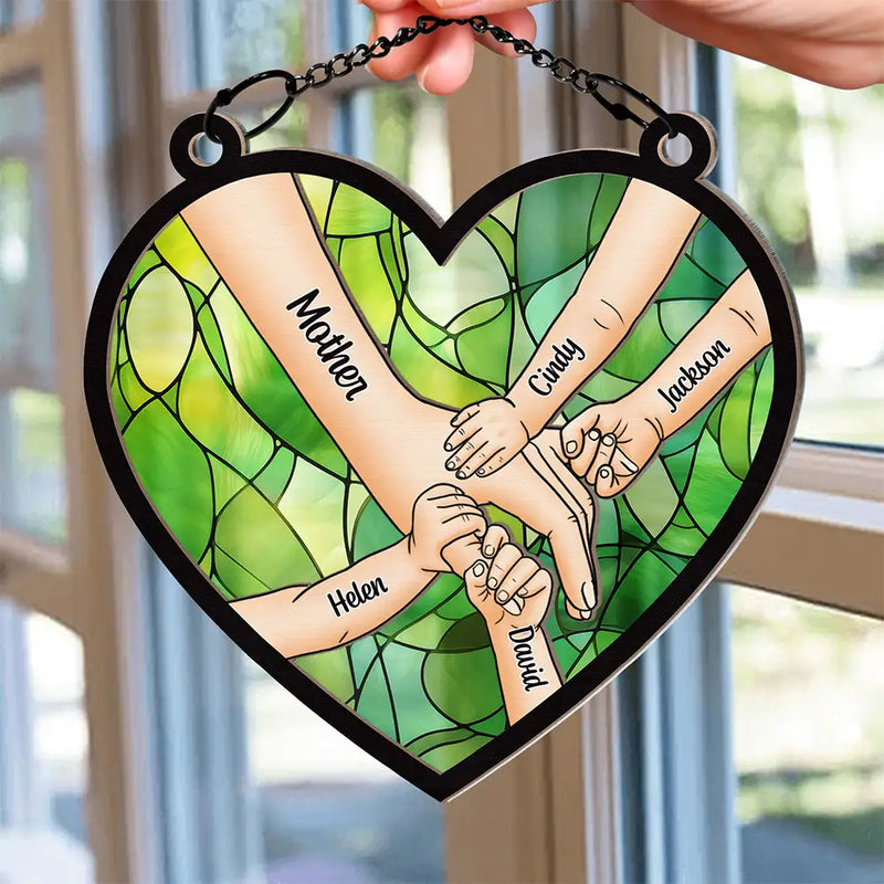 Gift For Grandma, Grandma - Grandkids, Gift For Mother, Happy - Mom Nana & Children Hands In Hands - Personalized Window Hanging Suncatcher Ornament