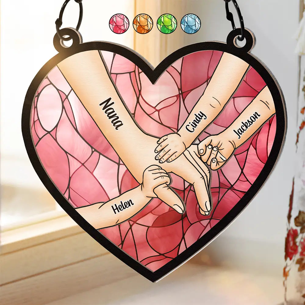 Mom Nana & Children Hands In Hands - Personalized Window Hanging Suncatcher Ornament