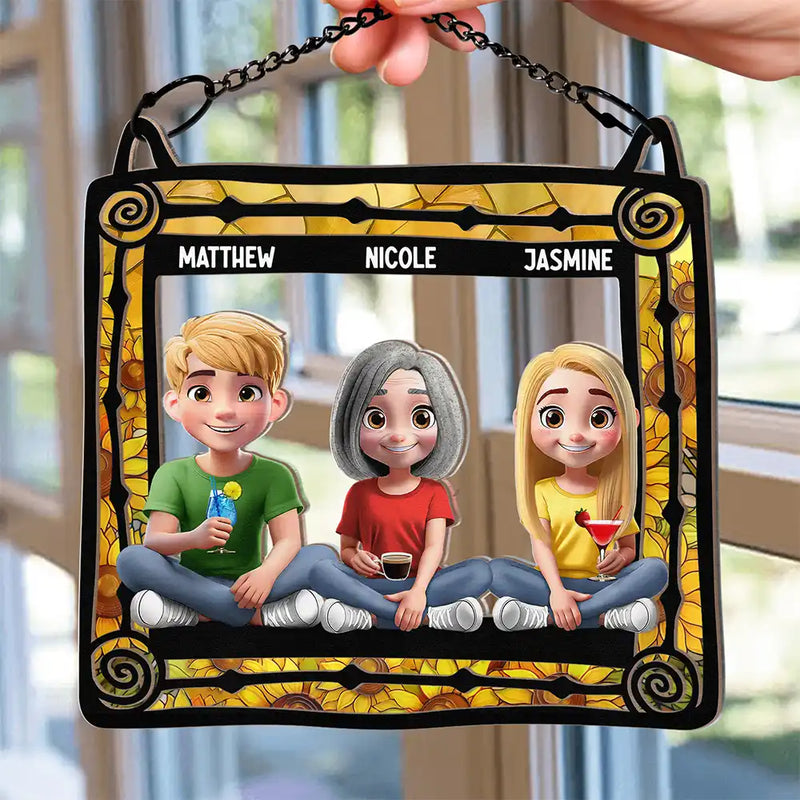 Gift For Mother, Mom - Children, Happy - Mom & Children Sitting Window 3D Effect - Personalized Window Hanging Suncatcher Ornament