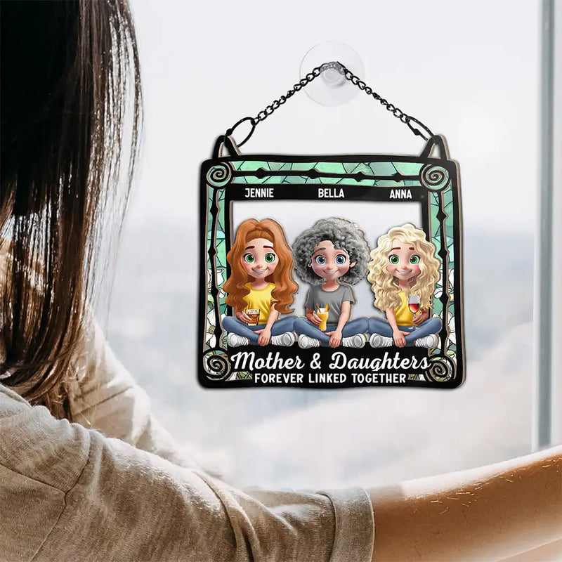 Gift For Mother, Mom - Children, Happy - Mom & Children Sitting Window 3D Effect - Personalized Window Hanging Suncatcher Ornament