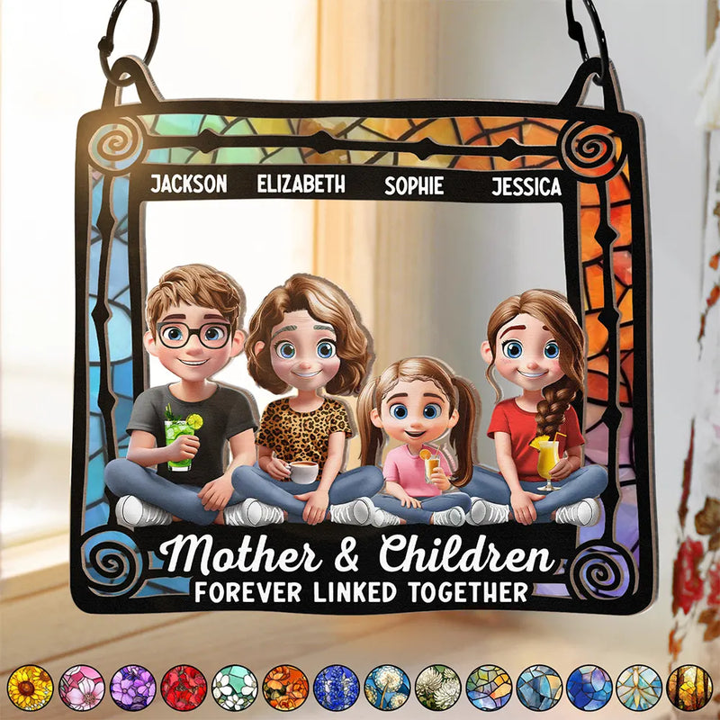 Mom & Children Sitting Window 3D Effect - Personalized Window Hanging Suncatcher Ornament