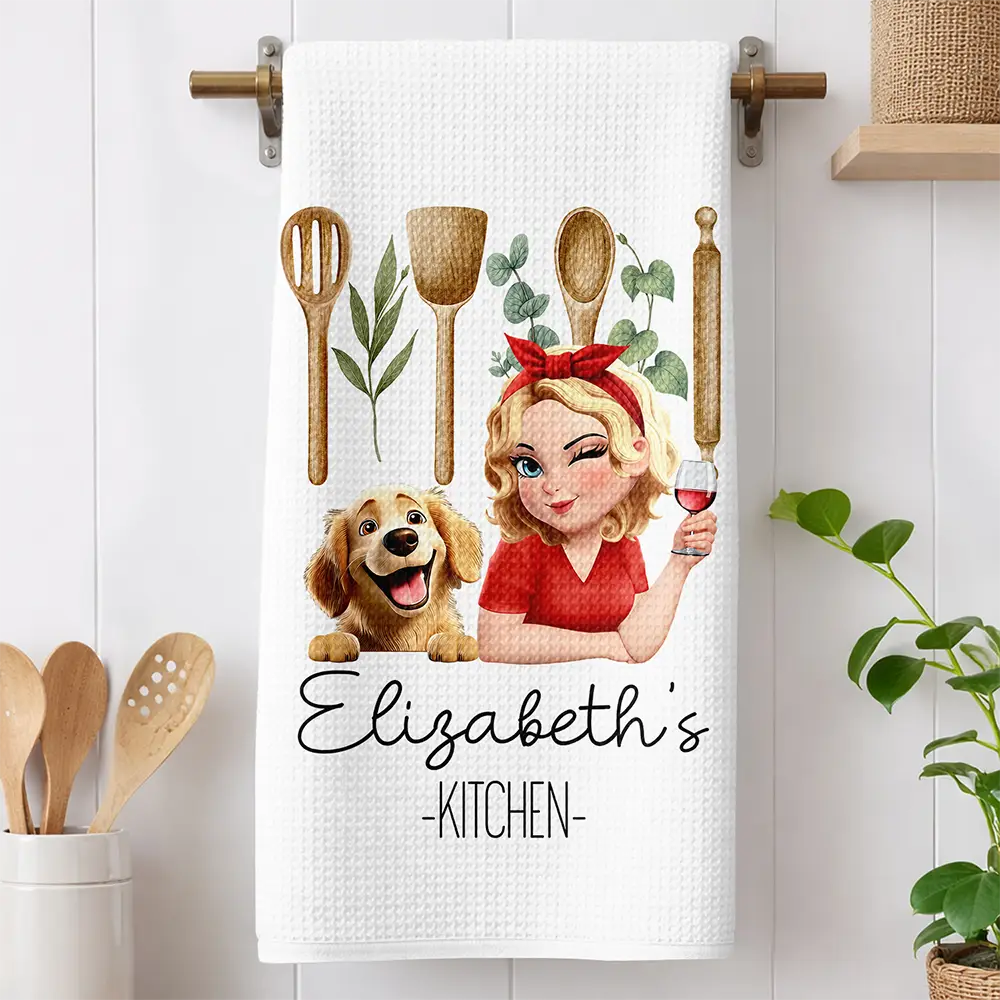 Gift For Wife,Gift For Yourself,Gift For Women,Gift For Mother,Gift For Aunt,Gift For Grandma,Happy,Cooking,Baking,Non-Eng,Vector - Mom Grandma Kitchen Dog Cat - Personalized Kitchen Towel