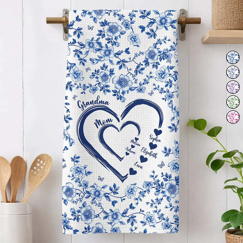Gift For Wife,Gift For Mother,Gift For Grandma,Love,Family,Non-Eng,Icon - Mom Grandma Sweethearts Toile - Personalized Kitchen Towel