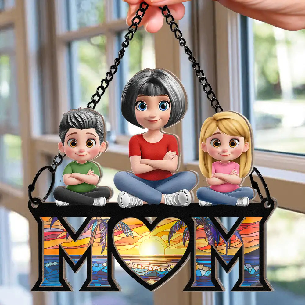 Gift For Mother, Mom - Children, Happy - Mom & Kids We Love You 3D Version Sitting - Personalized Window Hanging Suncatcher Ornament