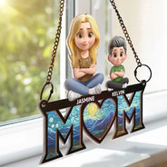Gift For Mother, Mom - Children, Happy - Mom & Kids We Love You 3D Version Sitting - Personalized Window Hanging Suncatcher Ornament