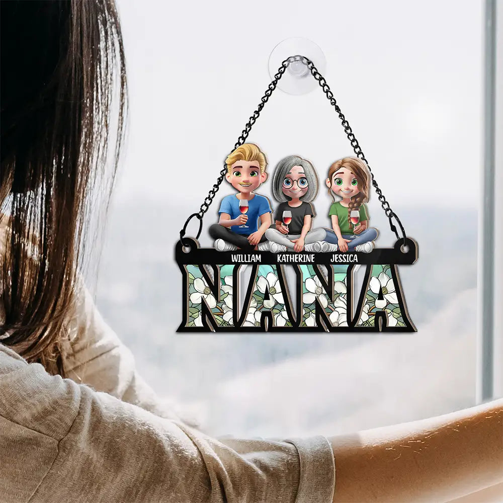 Mom Nana Sitting With Children - Personalized Window Hanging Suncatcher Ornament