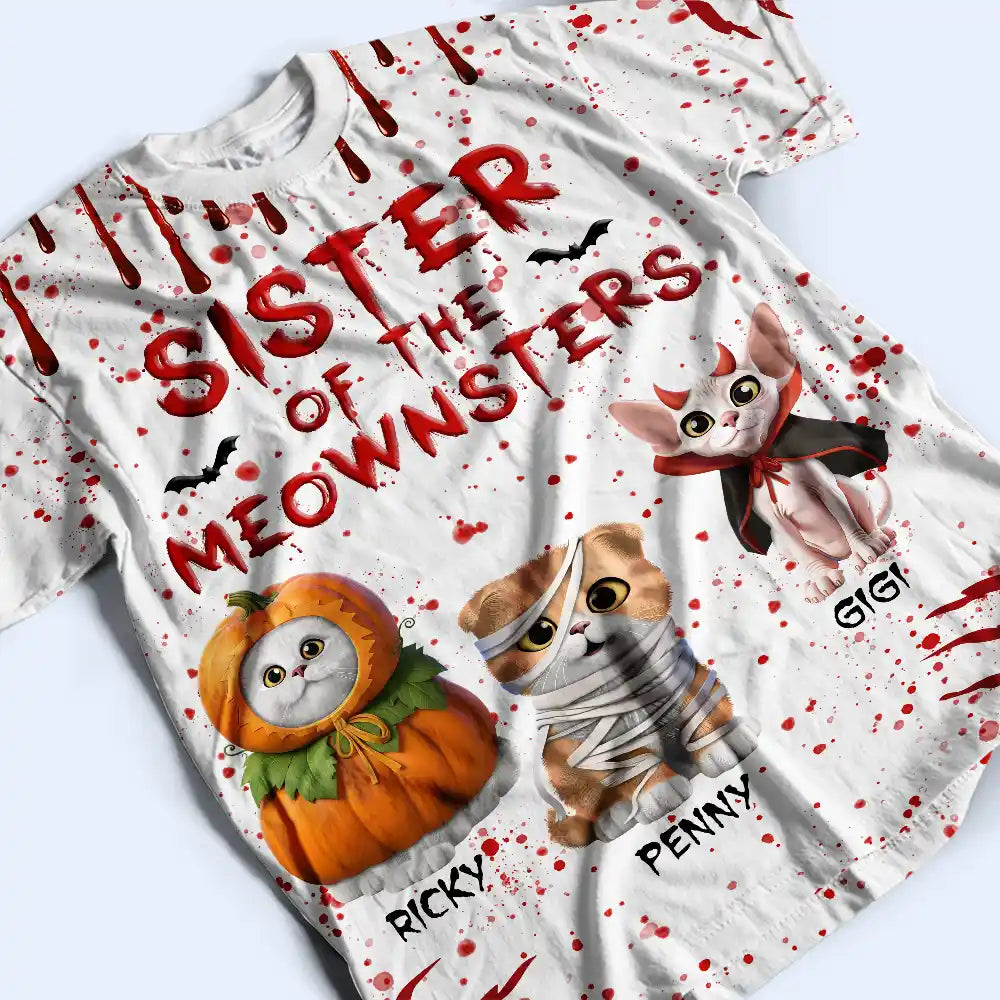 Pet Lovers, Pet Mom, Pet Dad, Cat Lovers, Cat Mom, Cat Dad, Halloween, Happy - Mommy Daddy Of The Meownsters - Personalized Full Print T Shirt