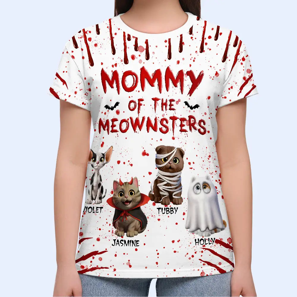 Pet Lovers, Pet Mom, Pet Dad, Cat Lovers, Cat Mom, Cat Dad, Halloween, Happy - Mommy Daddy Of The Meownsters - Personalized Full Print T Shirt