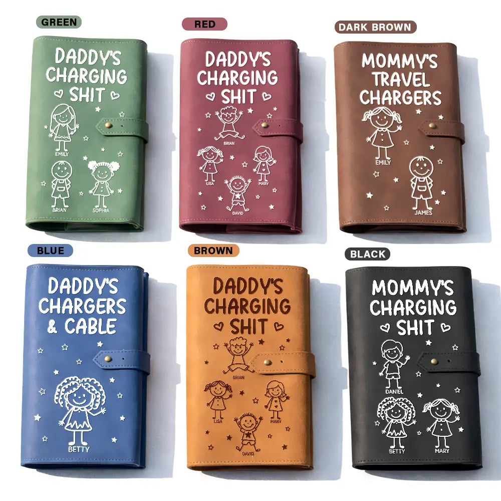 Gift For Kids,Grandma - Grandkids,Gift For Grandkids,Dad - Children,Mom - Children,Easter,Happy - Mommy's Daddy's Charging Sh*t - Personalized Leather Cable Bag